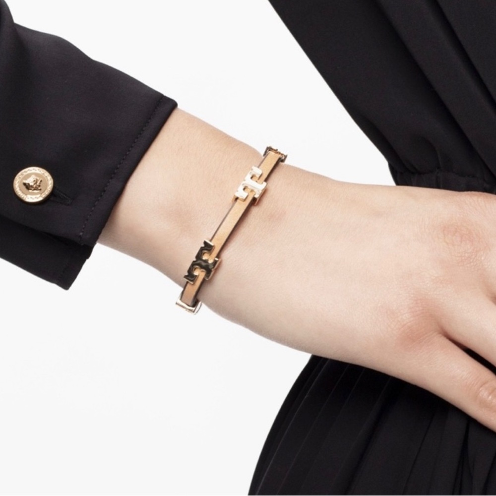 Tory Burch Serif T Single-Wrap Bracelet Tory Gold Coconut Vachetta Size S/M - Picture 3 of 7